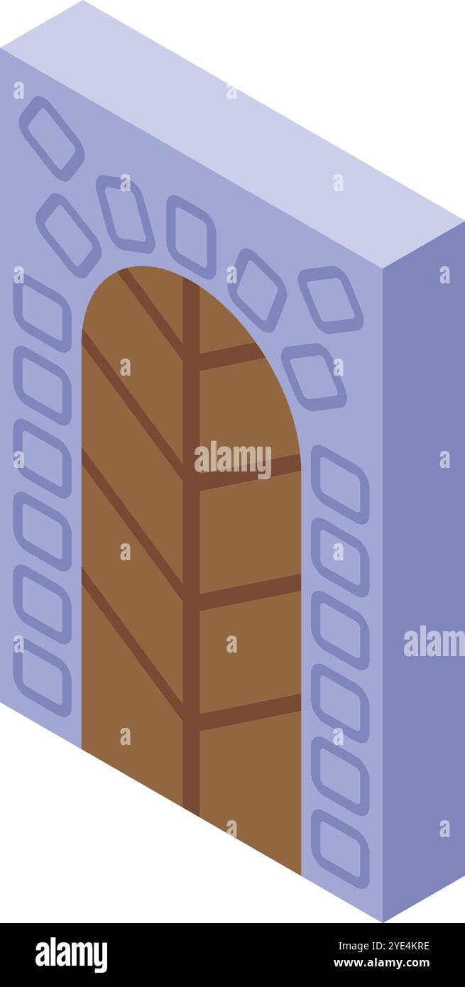 Vista isometrica di una porta fortificata che protegge una città medievale, caratterizzata da una porta in legno e un arco in pietra Illustrazione Vettoriale