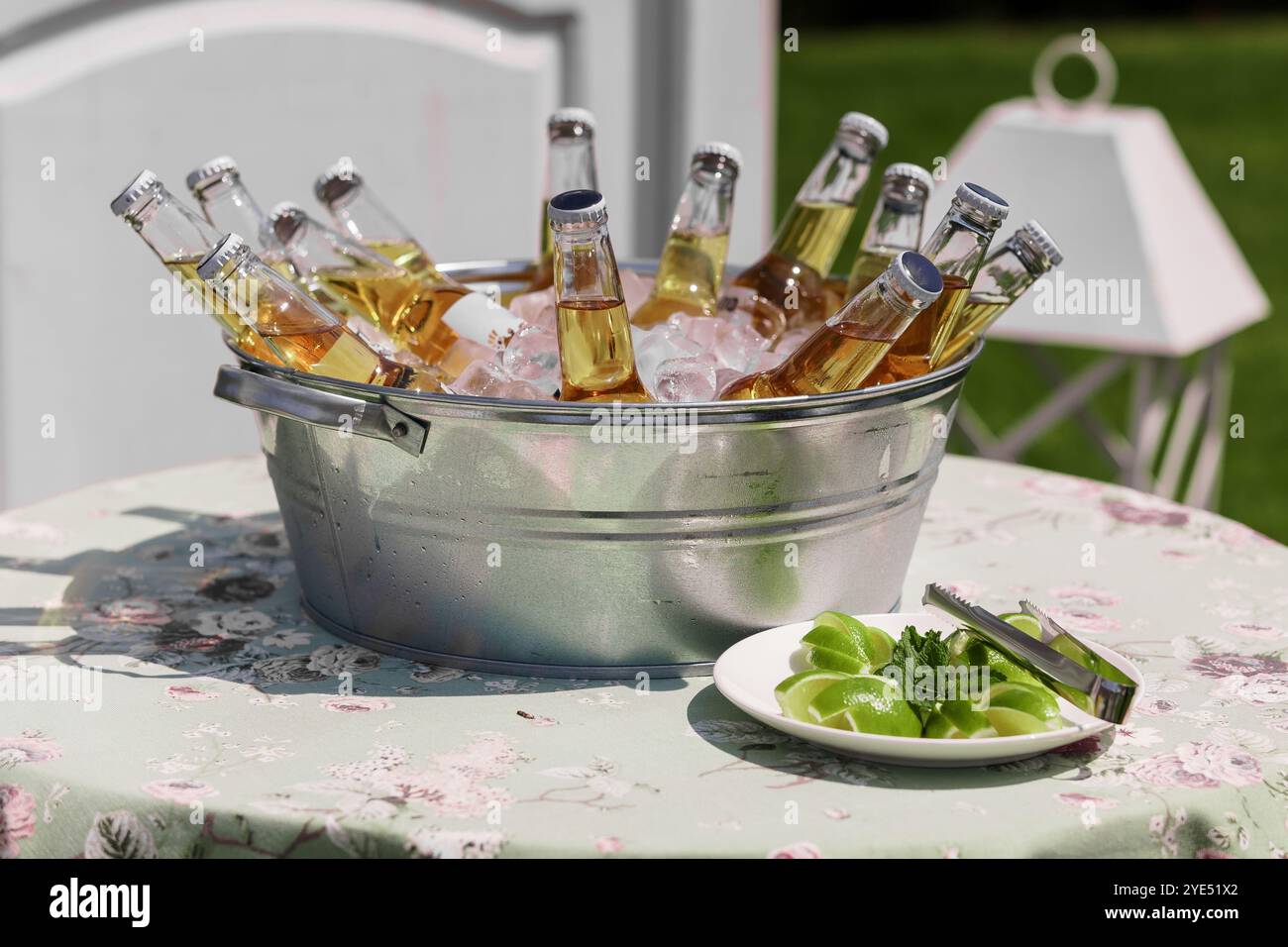 Rinfrescante raduno d'estate con bevande in bottiglia nel secchiello per ghiaccio. Foto Stock