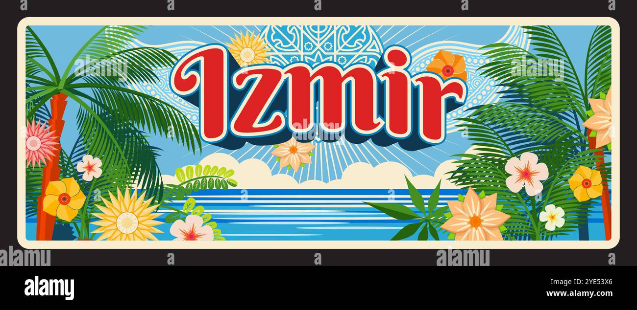 Provincia turca di Smirne il banner retrò. Cartello Vector vintage con la destinazione turistica della Turchia, caratterizzato da palme, fiori e spiaggia soleggiata, evoca un'atmosfera tropicale e invitante per il turismo Illustrazione Vettoriale