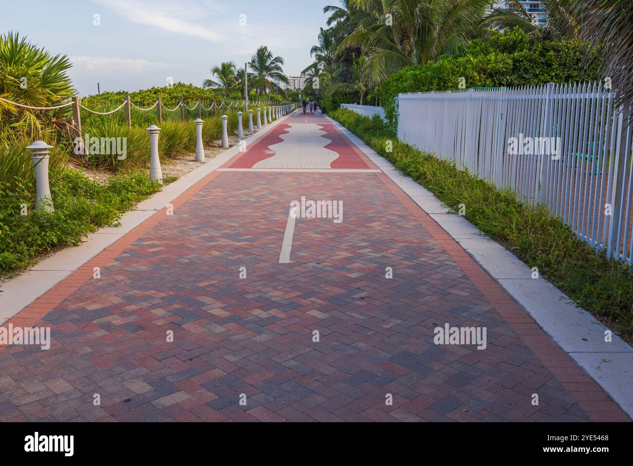 Sentiero pavimentato con vegetazione e lampioni lungo Walking Street a Miami Beach. Foto Stock