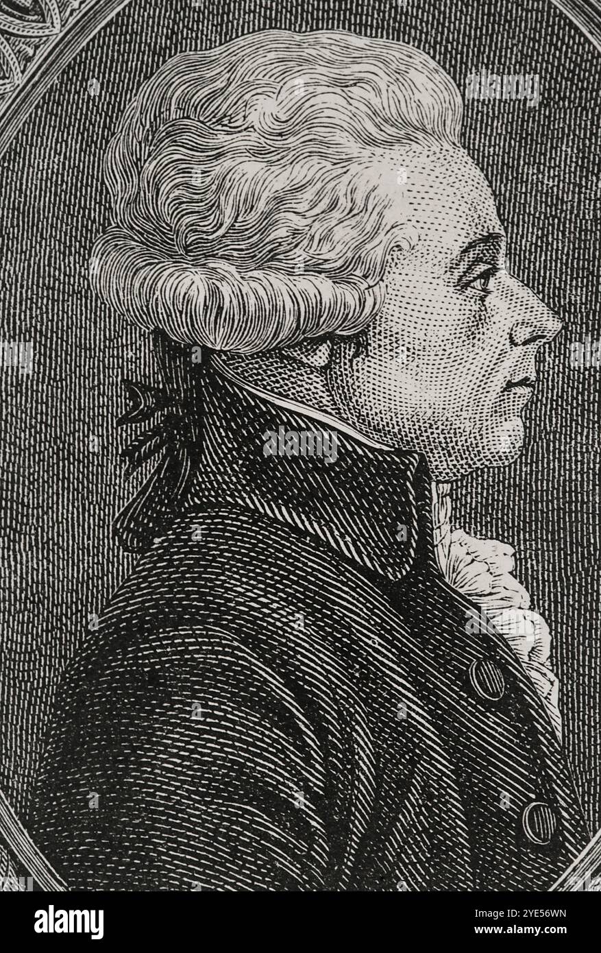 Jacques-Guillaume Thouret (1746-1794). Politico rivoluzionario francese. Eletto deputato degli Stati generali nel 1789 per la terza tenuta di Rouen. Fu eletto presidente dell'Assemblea Costituente quattro volte, ma rinunciò alla prima il 3 agosto 1789. Fu ghigliottinato a Parigi durante il regime del terrore. Verticale. Disegno di Hippolyte de la Charlerie. Incisione di Pannemaker. "Storia della Rivoluzione francese". Volume i, 1876. Autore: Hippolyte de la Charlerie (1827-1867). Artista belga. Foto Stock