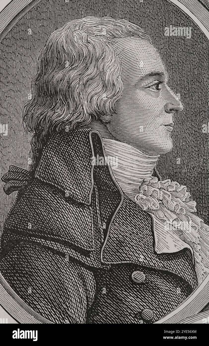 Claude Basire (1764-1794). Politico francese. Eletto deputato per il Côte d'Or all'Assemblea legislativa (dal 3 settembre 1791 al 20 settembre 1792). Membro della Convenzione Nazionale (dal 4 settembre 1792 al 5 aprile 1794), si unì a la Montagne (la montagna), opponendosi al rinvio del processo a Luigi XVI e votando a favore della sua esecuzione. Fu accusato di aver partecipato alla falsificazione di un decreto relativo alla liquidazione della compagnia francese delle Indie Orientali. Il Tribunale rivoluzionario lo condannò a morte e fu ghigliottinato. Verticale. Incisione. Storia del padre Foto Stock