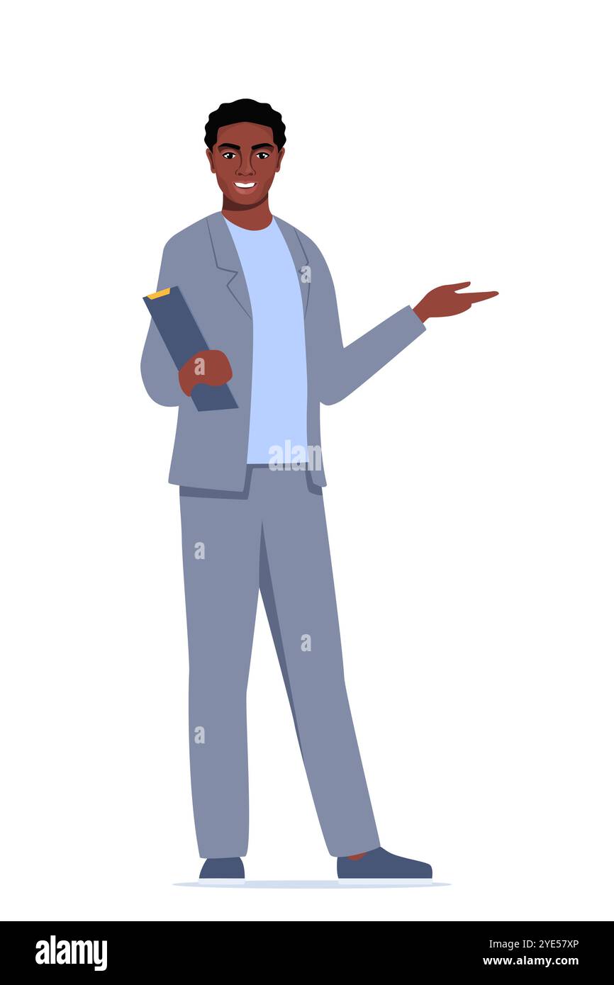 Personaggio giovane con appunti isolati su sfondo bianco. L'uomo nero presenta, mostra e presenta qualcosa. Altoparlante aziendale in piedi con Illustrazione Vettoriale