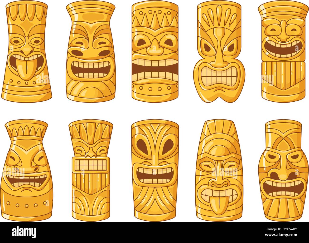 Totem Gold Tiki. Totem hawaiani d'oro, statue della testa di dio polinesiano guerriero maschera rituale festa dell'isola delle hawaii idolo tribù azteche maya africane o messicane, illustrazioni vettoriali originali Illustrazione Vettoriale