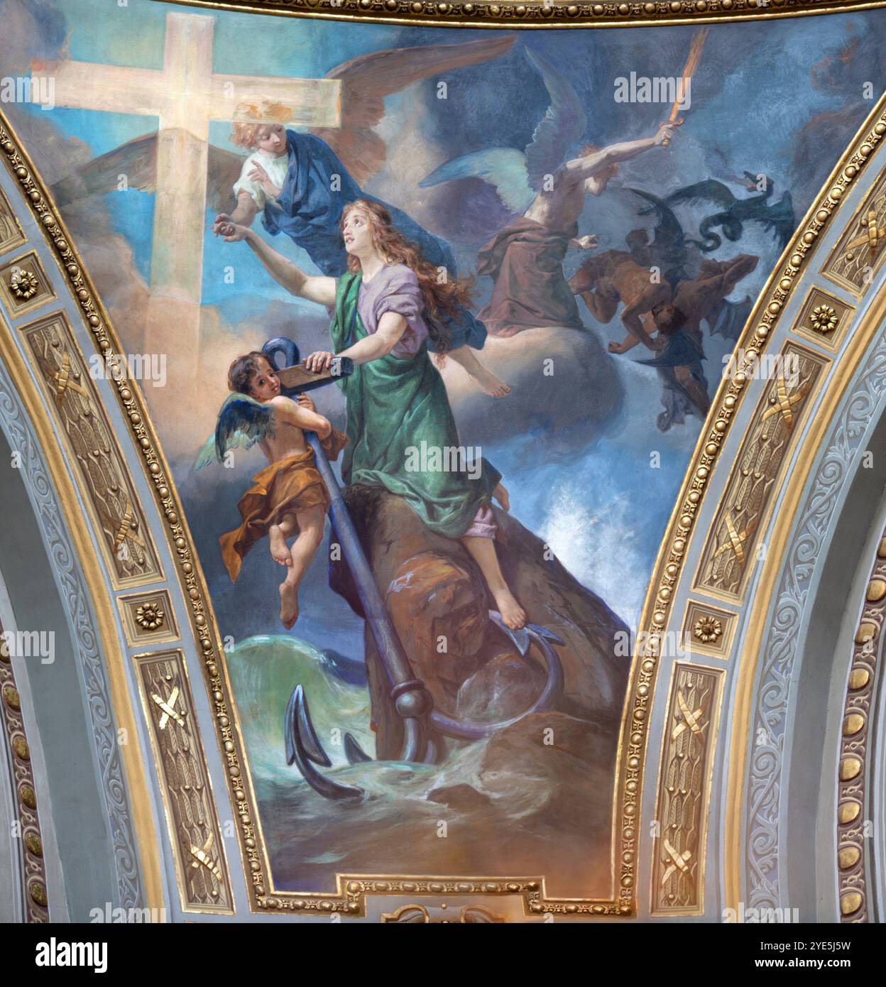 VOGHERA, ITALIA - 12 SETTEMBRE 2024: L'affresco allegorico delle virtù cardinali della speranza dalla cupola di Domo - Collegiata di San Lorenzo Foto Stock