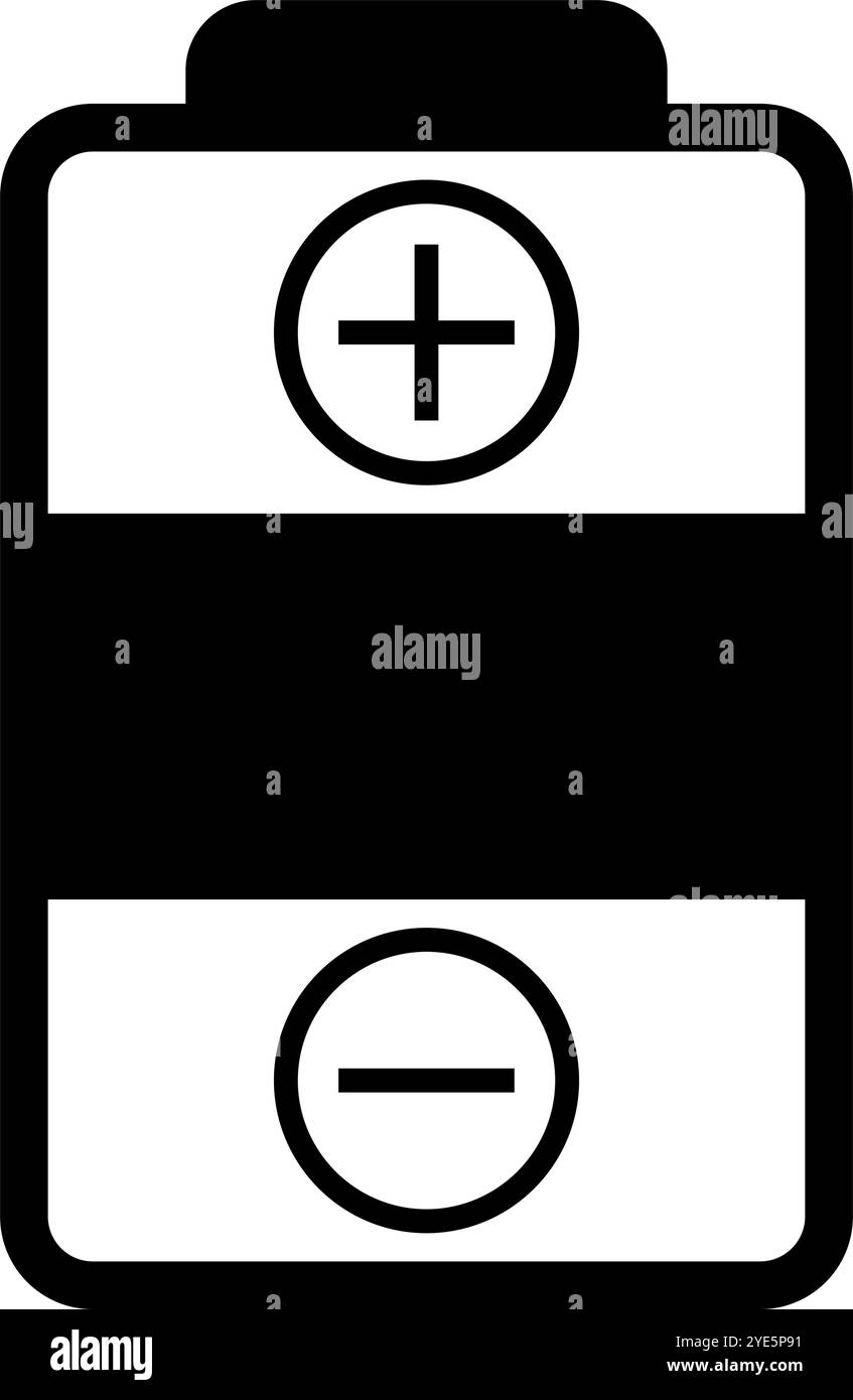 Icona della batteria con il segno più e negativo. Vettore modificabile. Illustrazione Vettoriale