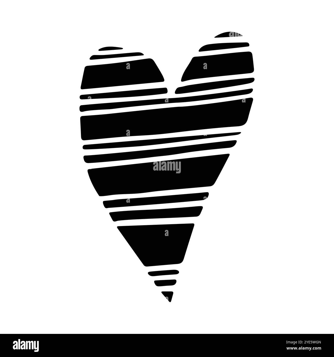 Icona cuore geometrico con linee tratteggiate orizzontali di larghezza diversa. Icona astratta Doodle Love disegnata a mano. Forma solida nera isolata su un Whi Illustrazione Vettoriale