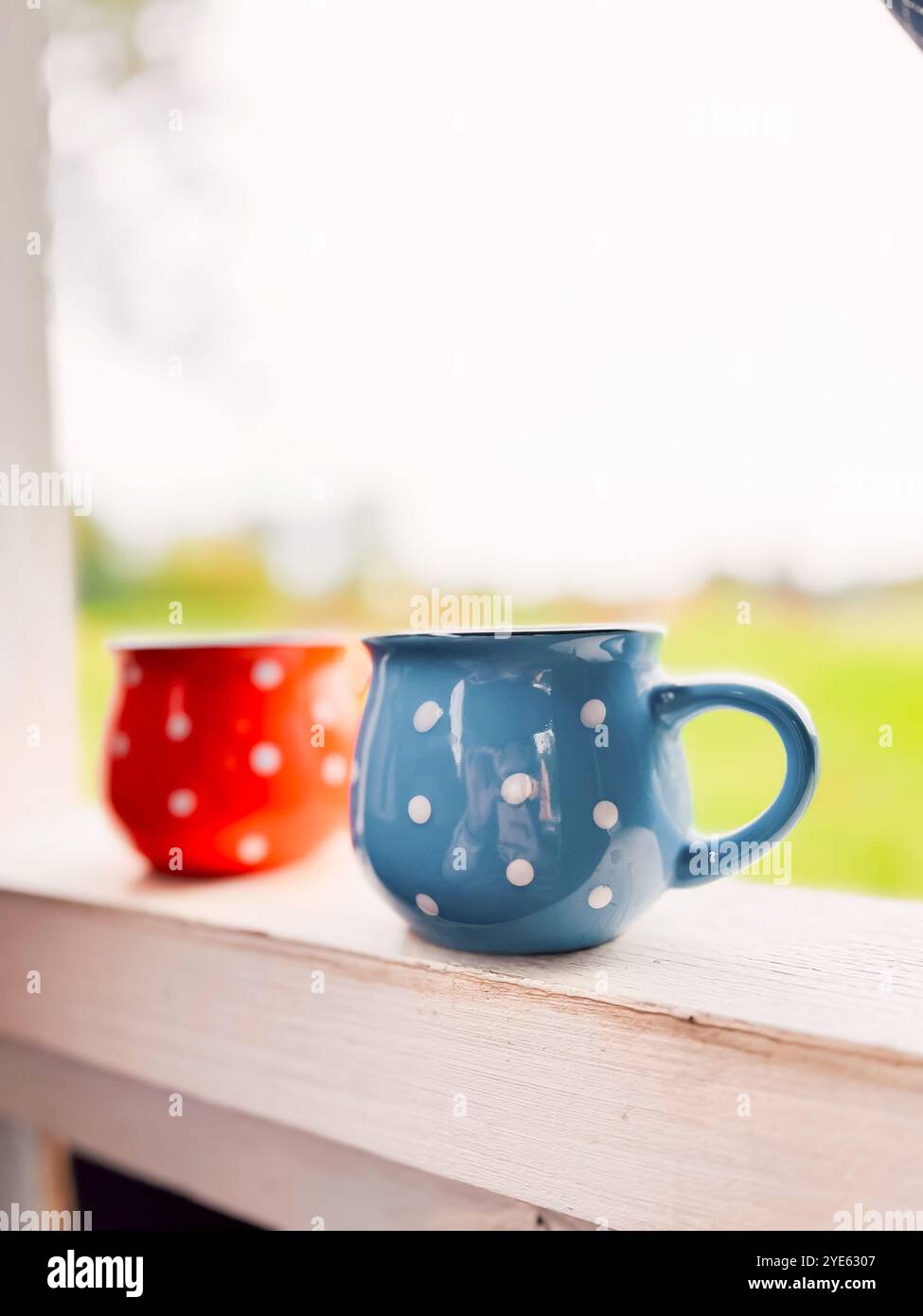 Tazze d'epoca colorate fatte in casa sullo sfondo della natura. Vecchie tazze di colori diversi in un pozzo di polka in natura Foto Stock