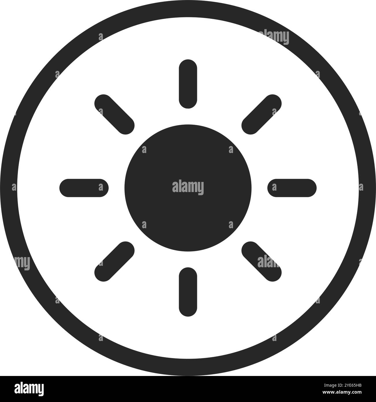 Pulsante solare rotondo. Pulsante di regolazione della luminosità. Vettore modificabile. Illustrazione Vettoriale