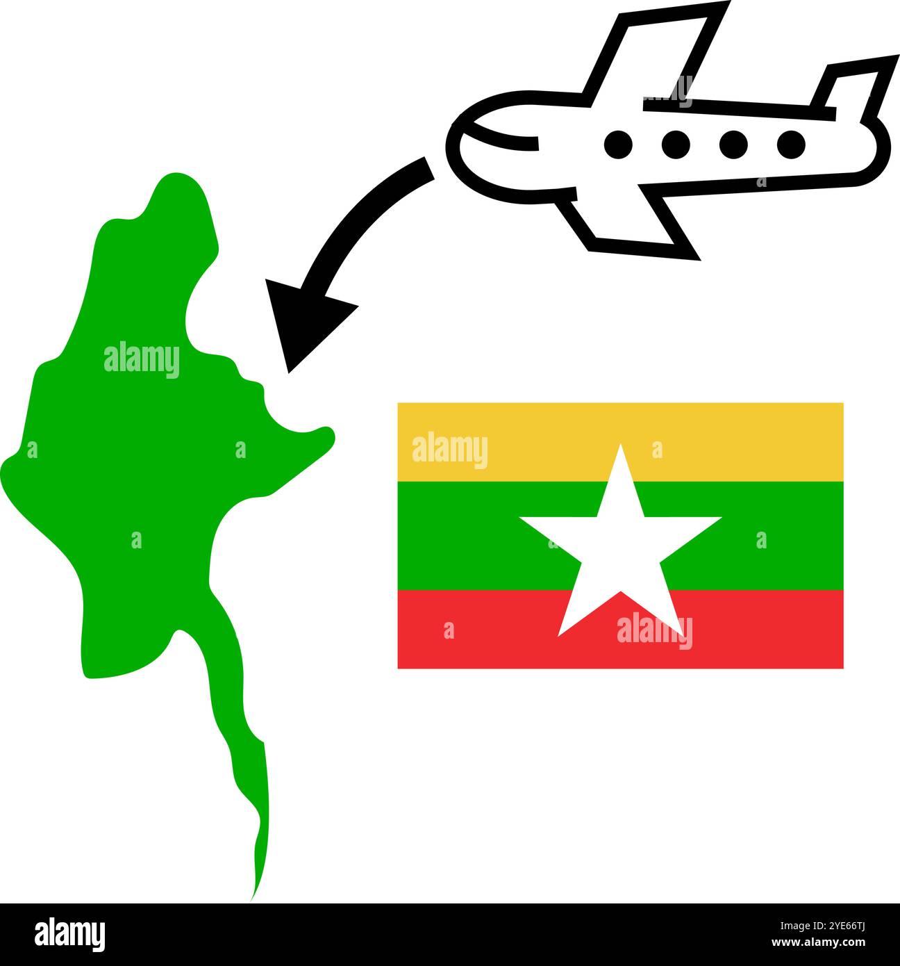 Icona Myanmar Travel. Mappa del Myanmar, aereo e bandiera del Myanmar. Vettore modificabile. Illustrazione Vettoriale