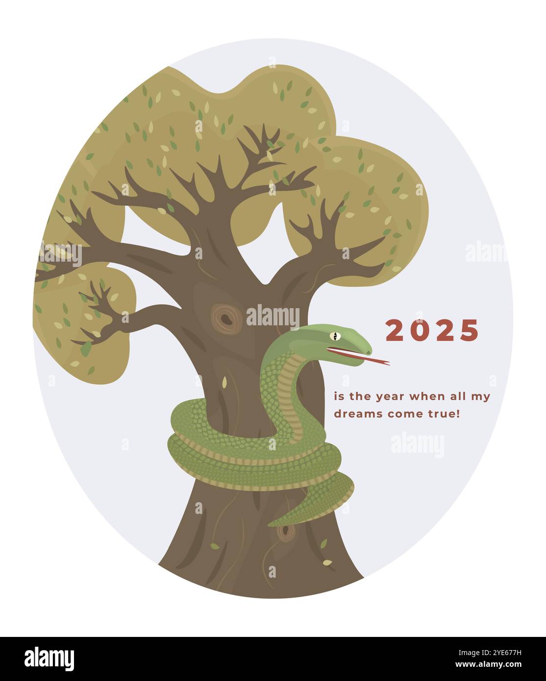 simbolo 2025 anni, serpente verde avvolge un albero, illustrazione vettoriale colorata con testo ottimistico Illustrazione Vettoriale