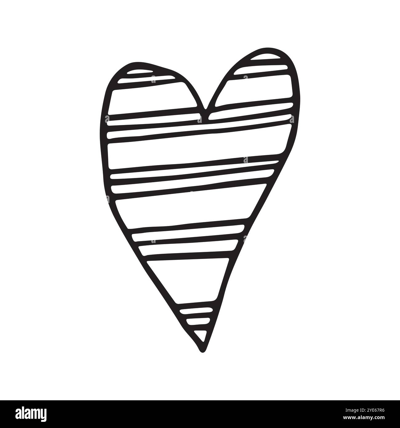 Icona astratta Doodle Love disegnata a mano. Icona cuore geometrico con linee tratteggiate orizzontali di larghezza diversa. Profilo nero semplice isolato Illustrazione Vettoriale