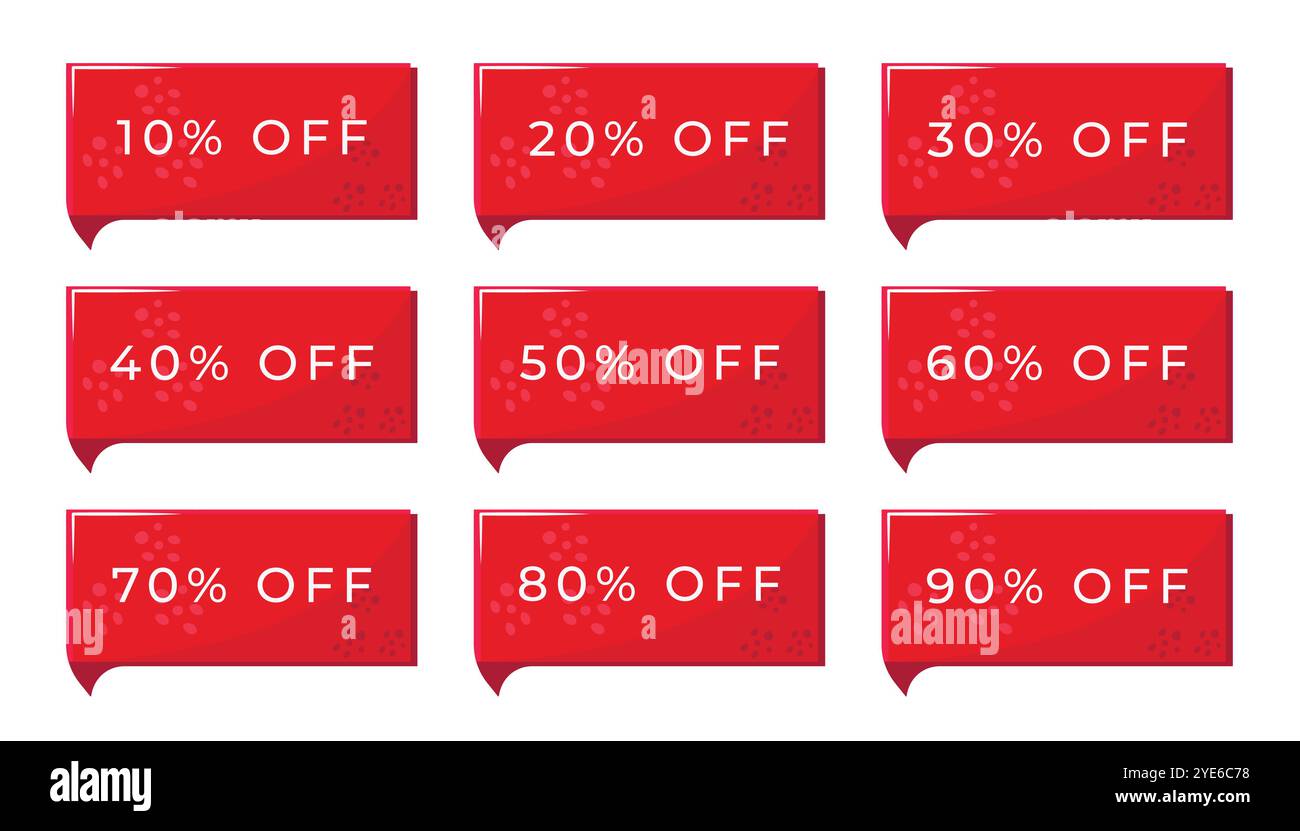 Banner di sconto rosso in forma rettangolare, coupon colore vettoriale in molte variazioni percentuali, offerta dal 10% al 90%, pulsante per aumentare le vendite su yo Illustrazione Vettoriale