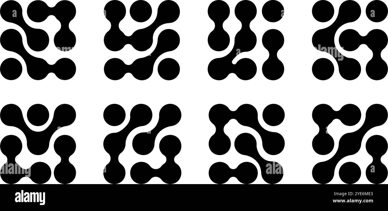 Forme di palline meta. Elementi del circuito. Gocce di liquido collegate, bolle organiche o forme amorfe. Cellule, neuroni o molecole isolate su sfondo bianco. Illustrazione grafica vettoriale. Illustrazione Vettoriale