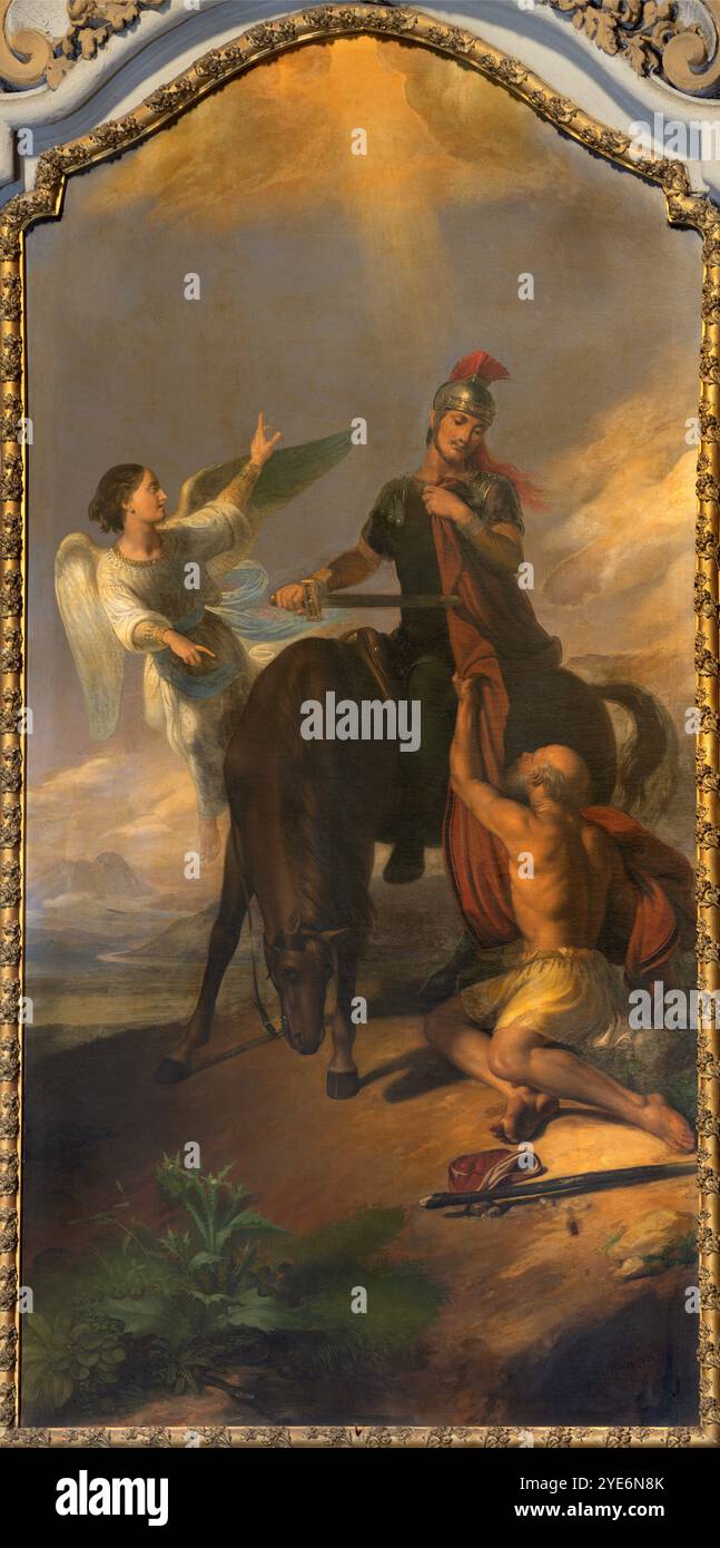 ALESSANDRIA, ITALIA - 10 SETTEMBRE 2024: Il dipinto di San Martino nella chiesa di Santo Stefano del pittore Monti (1852). Foto Stock