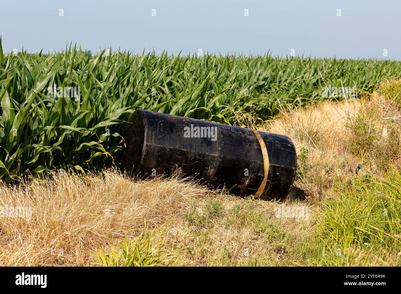 Serbatoio carburante scaricato nel fosso lungo la strada. Concetto di scarico al volo, inquinamento ambientale e smaltimento di rifiuti pericolosi Foto Stock