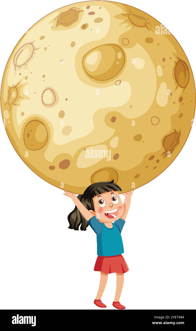 Una ragazza solleva con gioia una grande luna Illustrazione Vettoriale