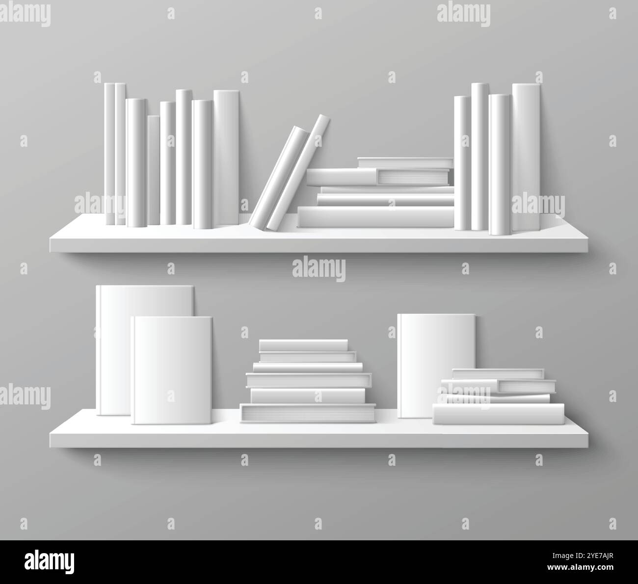 Colonna vertebrale e vista della copertina anteriore del libro sullo scaffale a parete. Illustrazione vettoriale 3d realistica di letteratura cartacea con copertina rigida in piedi e appoggiata su scaffale per la progettazione di interni di negozi, case o biblioteche. Illustrazione Vettoriale