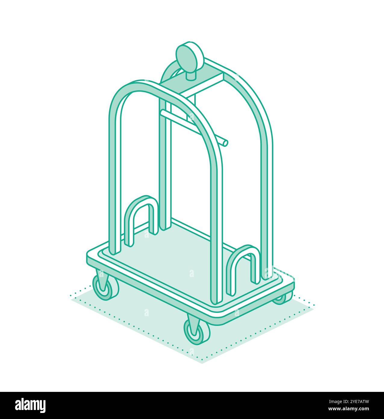 Carrello portabagagli isometrico. Attrezzature alberghiere. Illustrazione vettoriale. Oggetto isolato su bianco. Reception dell'hotel e servizio in camera. Illustrazione Vettoriale