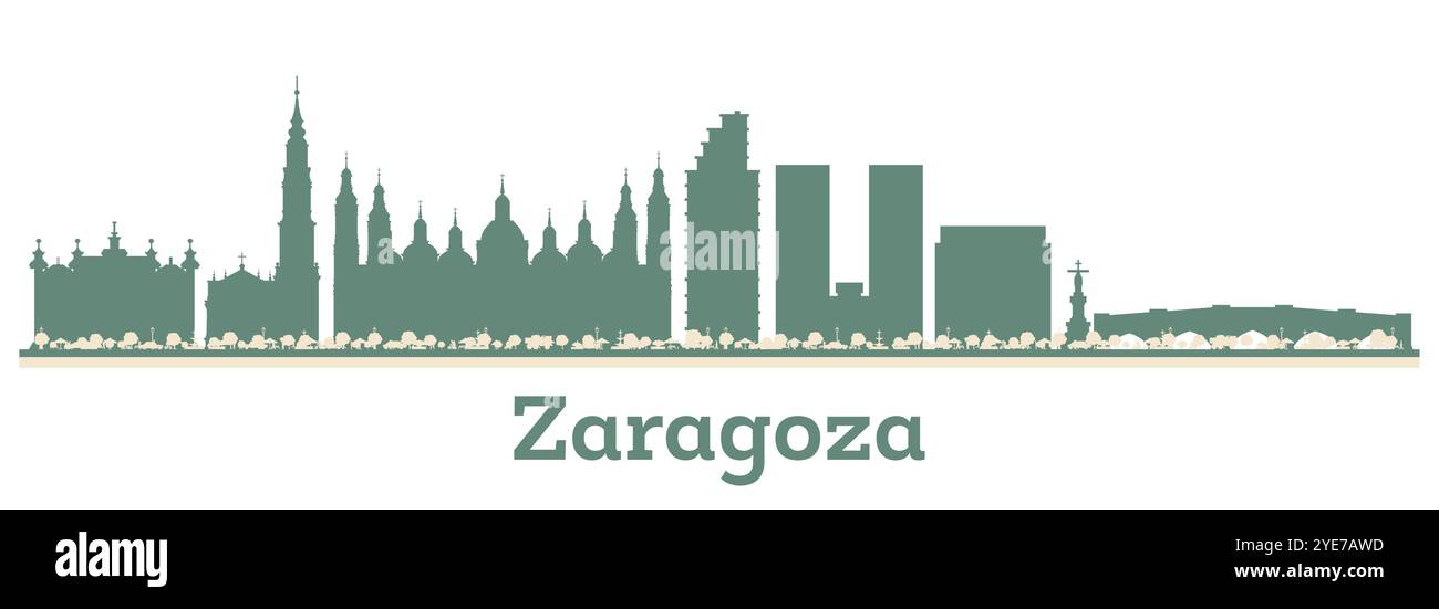 Zaragoza Spagna profilo della città con edifici colorati. Illustrazione vettoriale. Paesaggio urbano di Saragozza con monumenti storici. Illustrazione Vettoriale