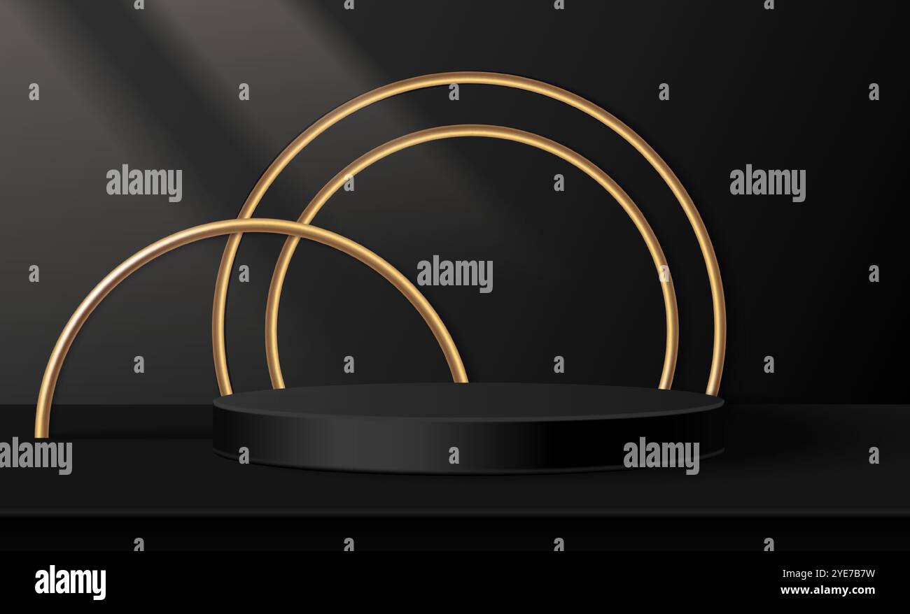Podio rotondo e anelli dorati su sfondo nero. Illustrazione vettoriale realistica della piattaforma di presentazione dei prodotti di lusso, moderno showroom pubblicitario per gioielli o cosmetici d'élite, piedistallo vuoto Illustrazione Vettoriale