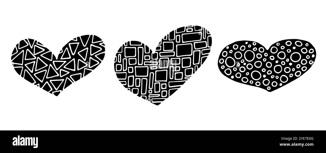 Un set unico di tre icone cardiache con ornamento geometrico. Linee semplici astratte, stile doodle disegnato a mano. Collezione Love Clipart di San Valentino. Illustrazione Vettoriale