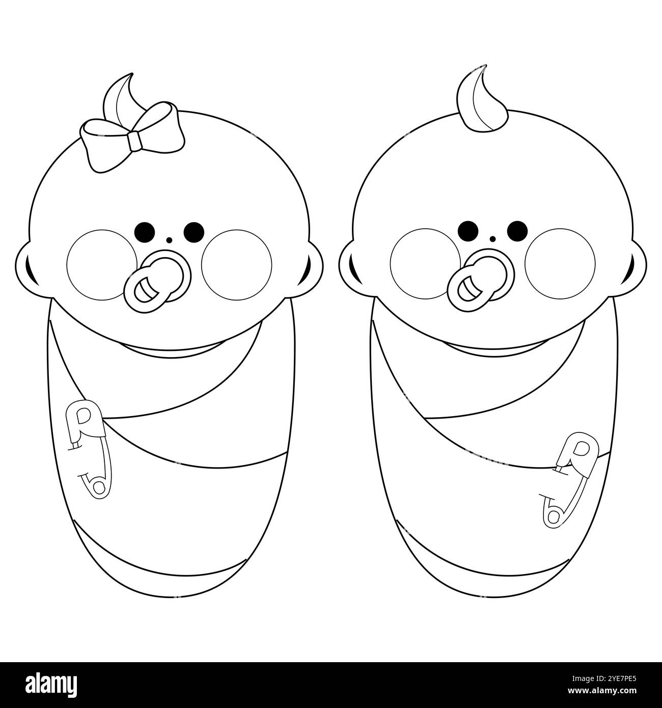 Simpatici neonati a dorso avvolti in coperte. Neonati, bimbi e bimbi gemelli avvolti in un panno. Pagina da colorare in bianco e nero Foto Stock