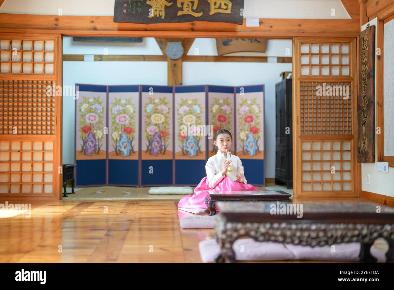 Una bambina coreana di 9 anni che indossa un hanbok sta bevendo una bevanda all'interno di un edificio tradizionale nella storica città di Gyedong-gil, Jongno District, S. Foto Stock