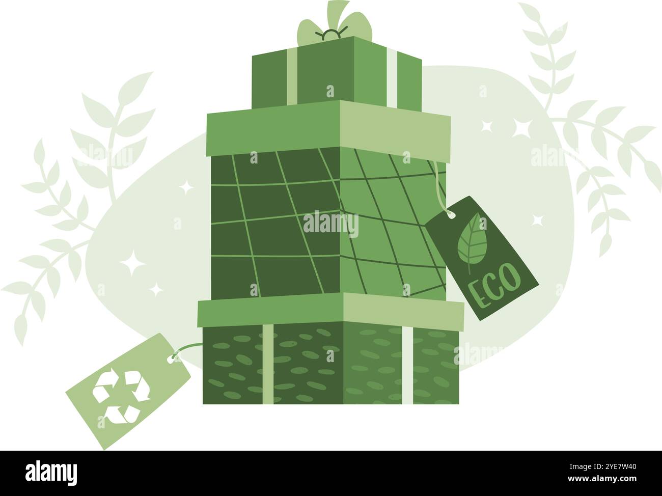 Vacanze. Shopping ecologico. Pila di confezioni regalo verdi per le feste con fiocchi ed etichette. Illustrazione vettoriale. Concept Moda sostenibile e Thrift o. Illustrazione Vettoriale