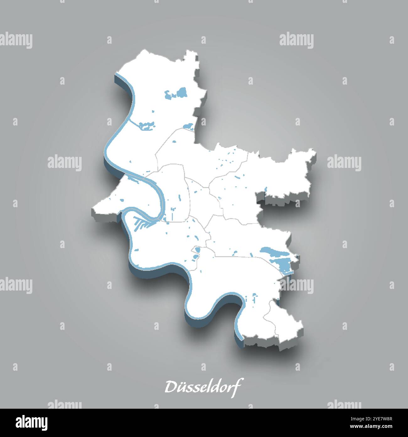 Mappa isometrica 3D di Düsseldorf che mostra fiumi e laghi in blu con sfondo grigio Illustrazione Vettoriale