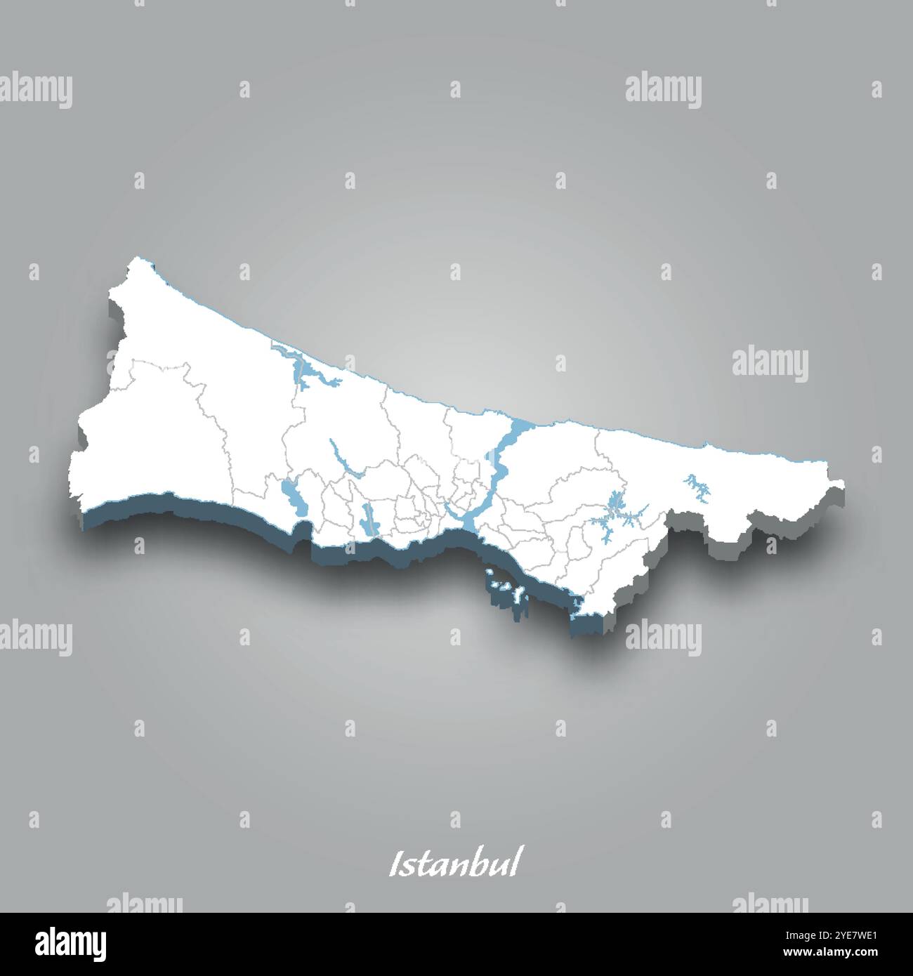 Mappa isometrica 3D di Istanbul che mostra fiumi e laghi in blu con sfondo grigio Illustrazione Vettoriale