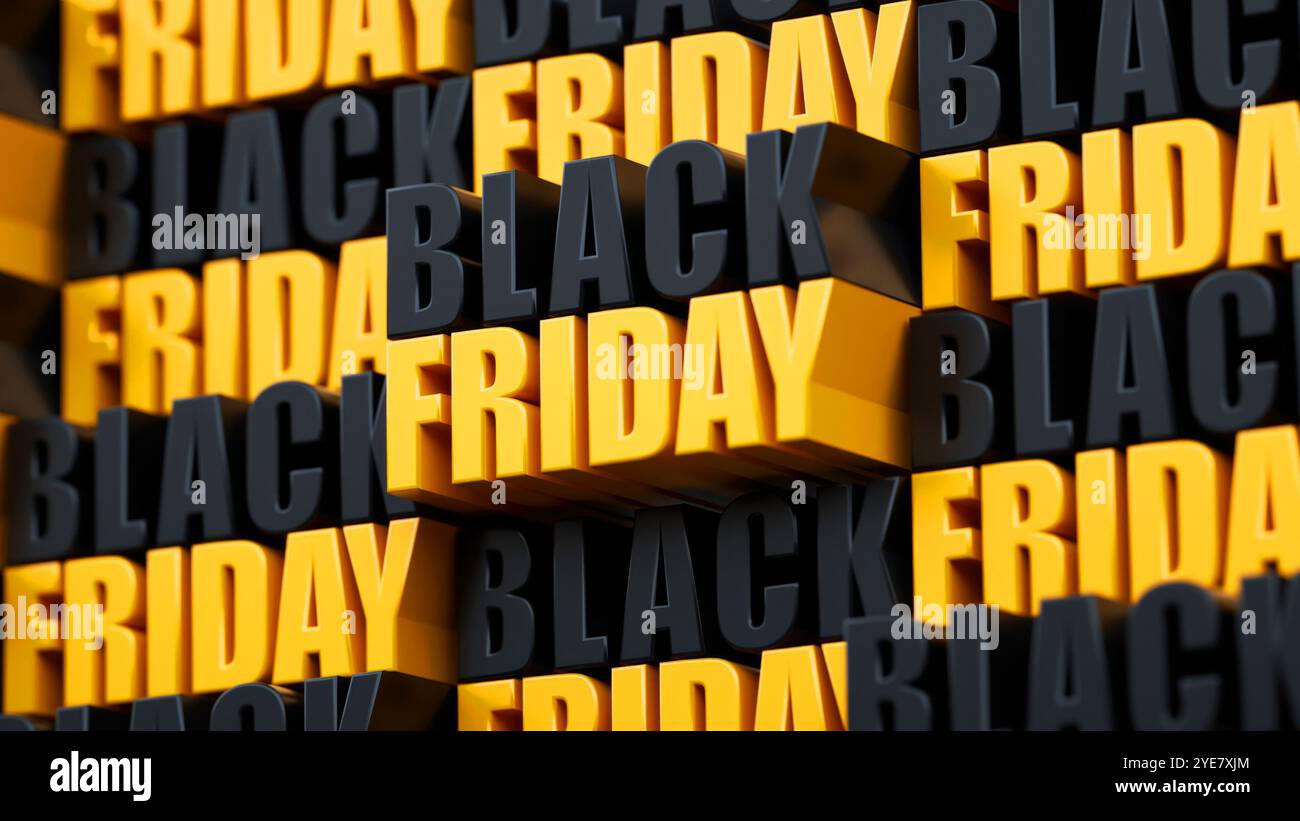 Testo in grassetto 3D Black Friday in nero e giallo, per creare uno sfondo dinamico per gli annunci di vendita e promozioni Foto Stock