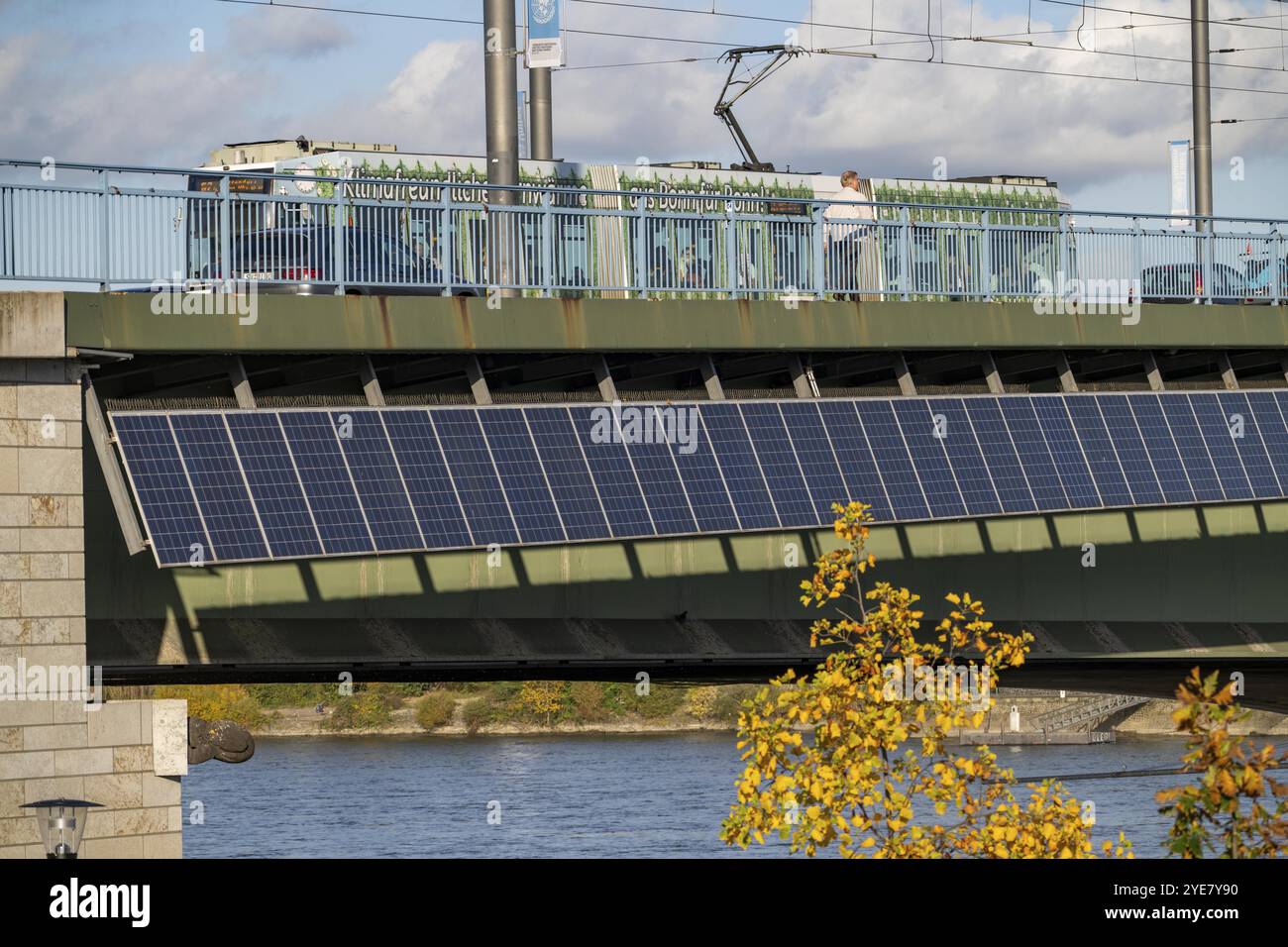 Il ponte Kennedy sul Reno vicino a Bonn, il ponte più lungo con un'installazione solare in Germania, oltre 390 moduli solari sono montati a sud Foto Stock