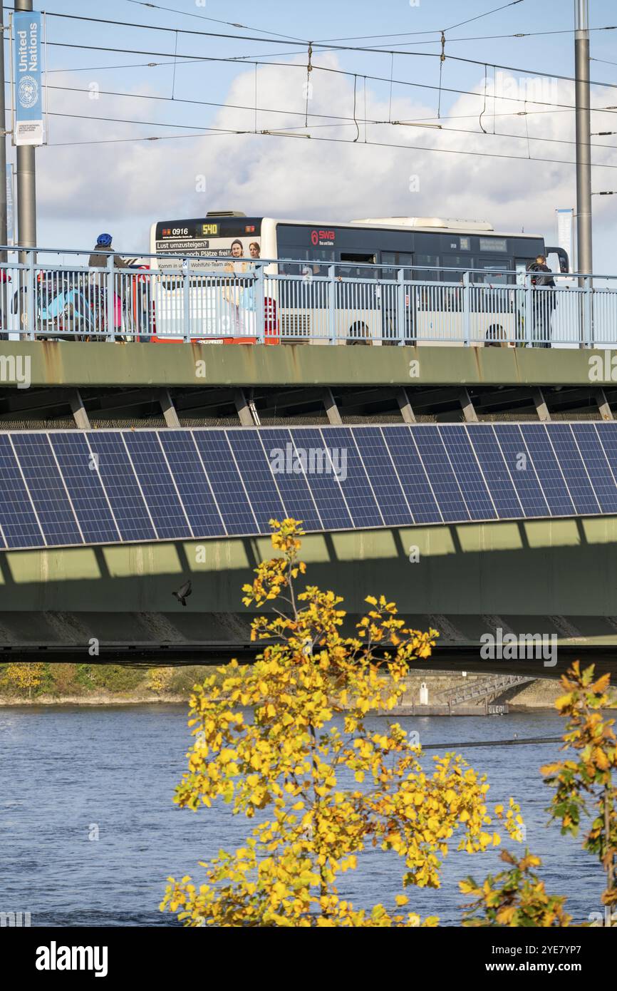Il ponte Kennedy sul Reno vicino a Bonn, il ponte più lungo con un'installazione solare in Germania, oltre 390 moduli solari sono montati a sud Foto Stock