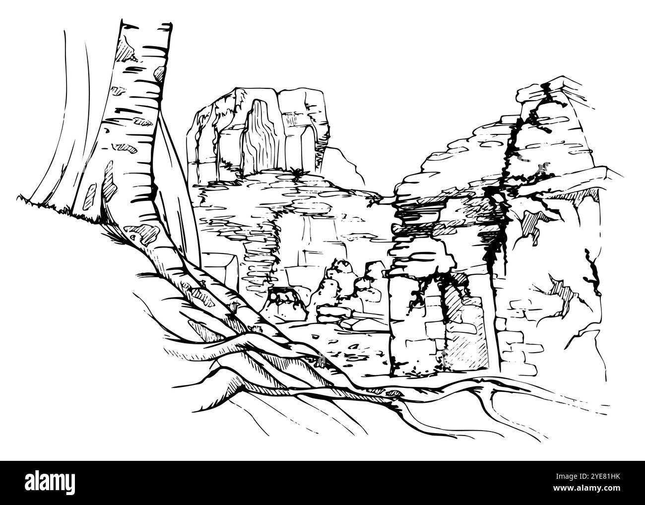 Mesoamerica Asia antica cultura tempio religioso piramide rovine nella giungla, radici di alberi muschio pendio collinare. Illustrazione del vettore di inchiostro disegnato a mano, isolato Illustrazione Vettoriale