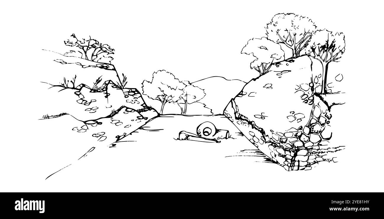 Mesoamerica, antico tempio religioso, rovine piramidali nella giungla, campo da gioco con sculture archeologiche. Illustrazione del vettore di inchiostro disegnato a mano, isolato Illustrazione Vettoriale