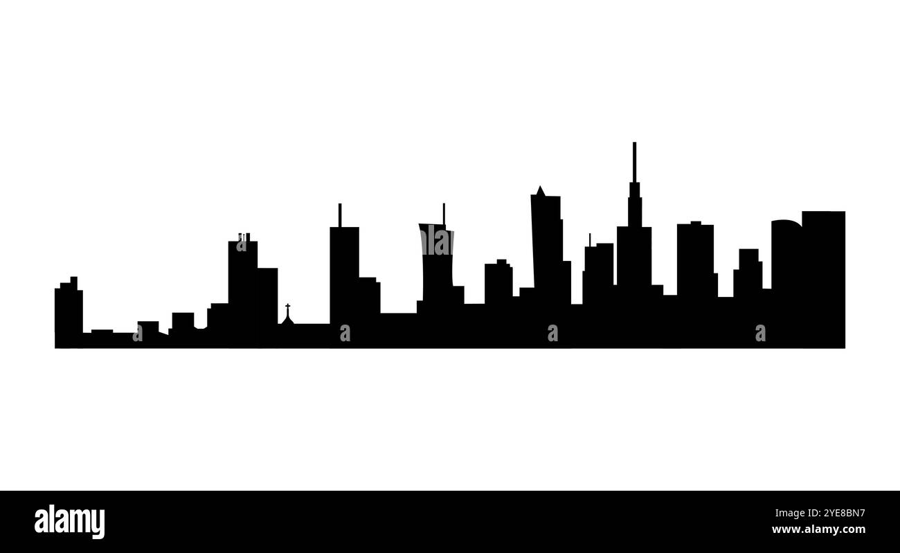 Silhouette nera della città di Varsavia isolata su sfondo bianco. Panorama della città. Illustrazione vettoriale. Illustrazione Vettoriale