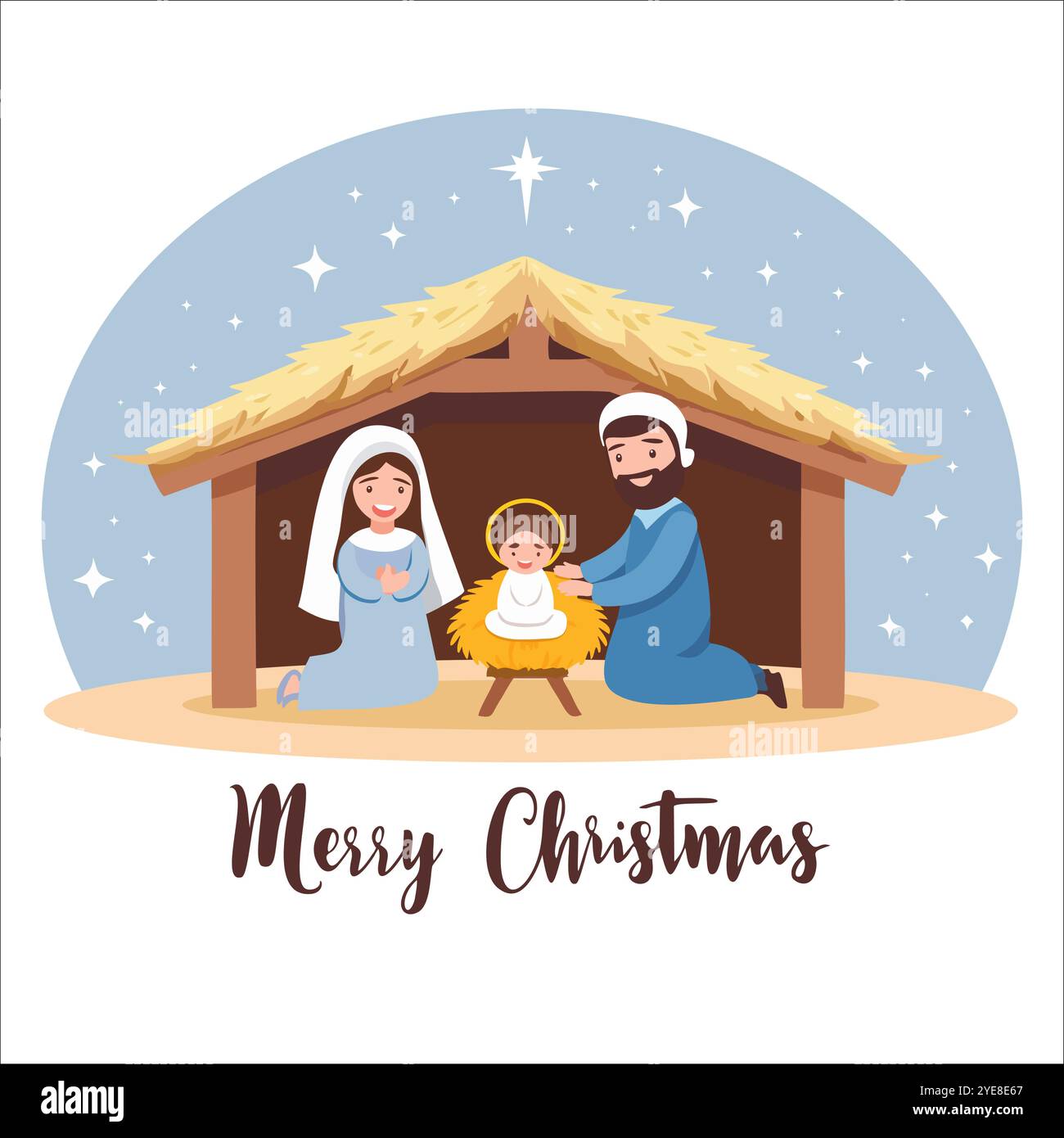 Buon Natale, presepe con Maria, Giuseppe e Gesù in presepe. Illustrazione vettoriale cristiana di Natale in stile cartoni animati con la Sacra famiglia Illustrazione Vettoriale