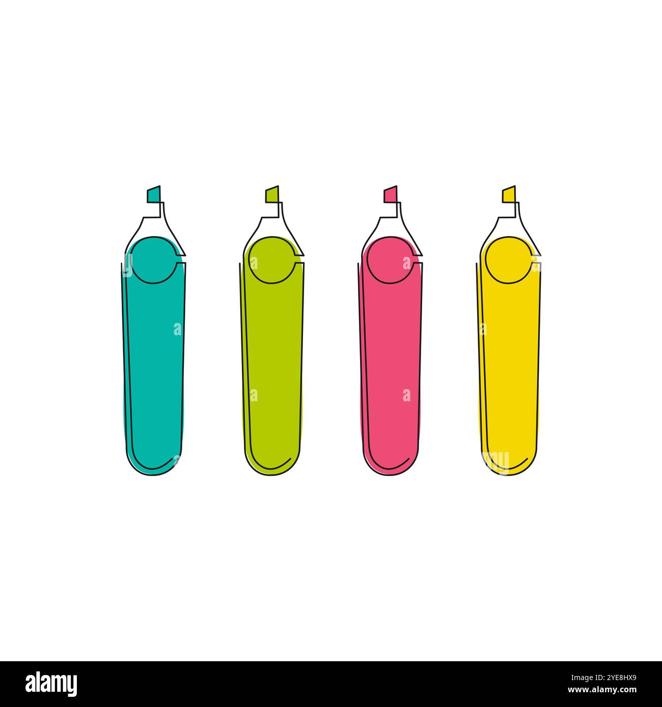 Set di pennarelli colorati disposti in fila. Cose scolastiche. Vettore isolato su sfondo bianco. Illustrazione Vettoriale