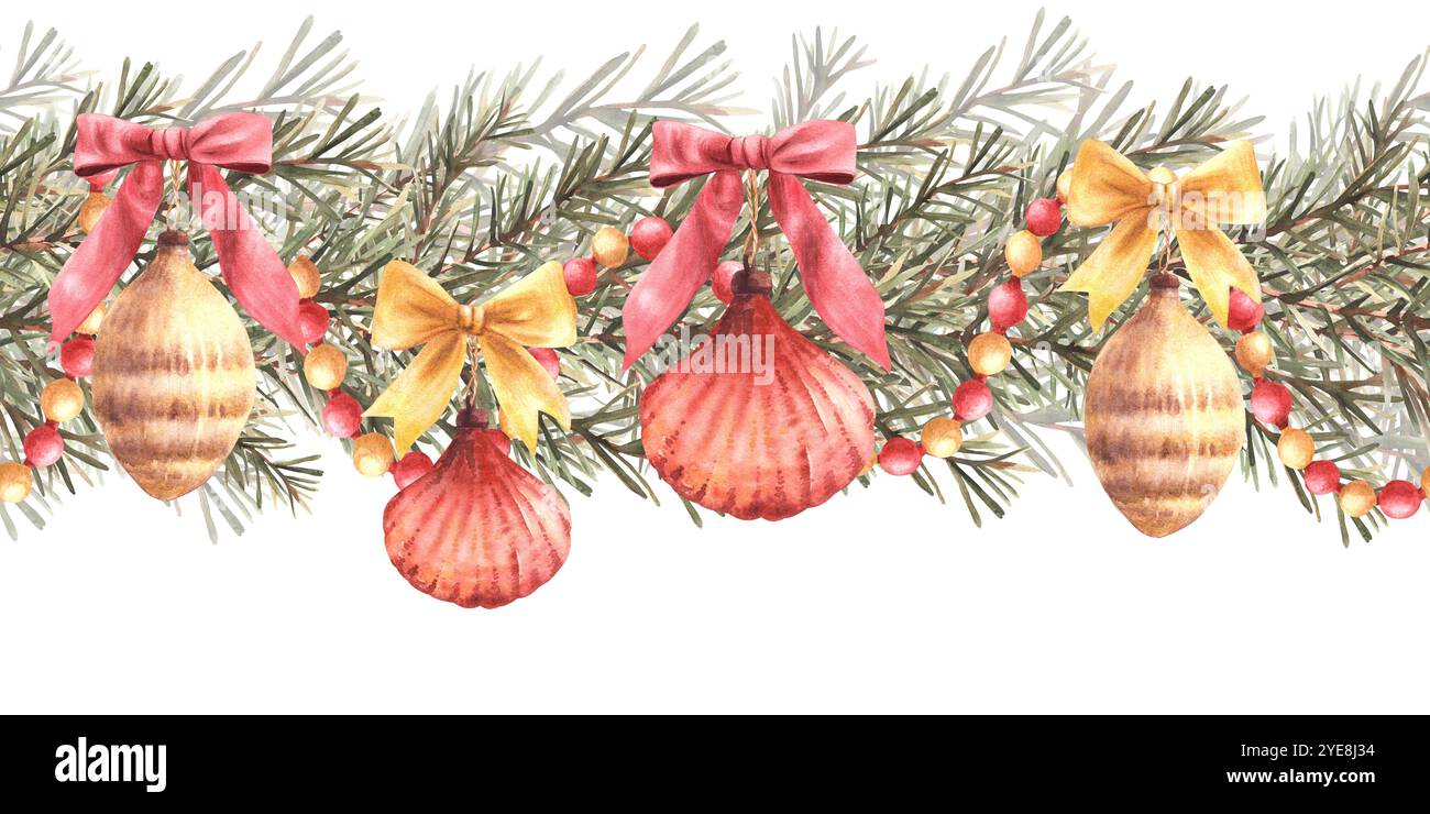 Rami natalizi in abete rosso con giocattoli retrò, fiocchi, nastri e bordo senza cuciture color garland Watercolor rosso oro vintage. Modello natalizio, carta da regalo Foto Stock