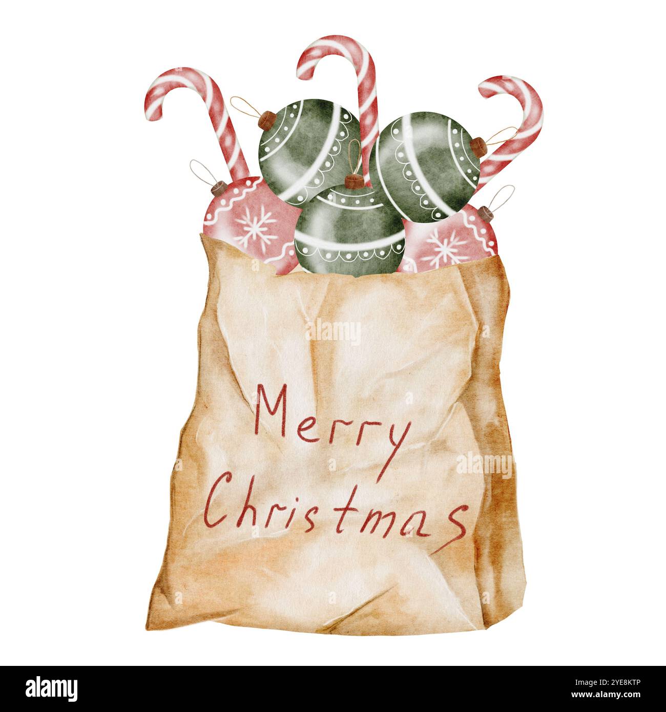 Albero di Natale e giocattoli in una borsa artigianale acquerello. Sacchetto di giocattoli. Impianto Evergreen in imballaggi di carta su sfondo bianco. Ideale per Capodanno e. Foto Stock
