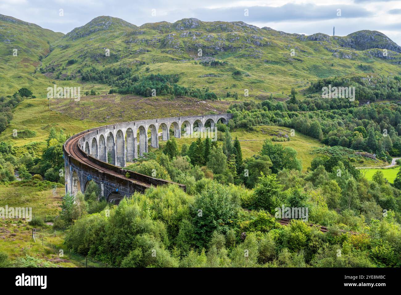 Vista elevata del viadotto di Glenfinnan sulla West Highland Line a Glenfinnan a Lochaber, Highlands scozzesi, Scozia Foto Stock