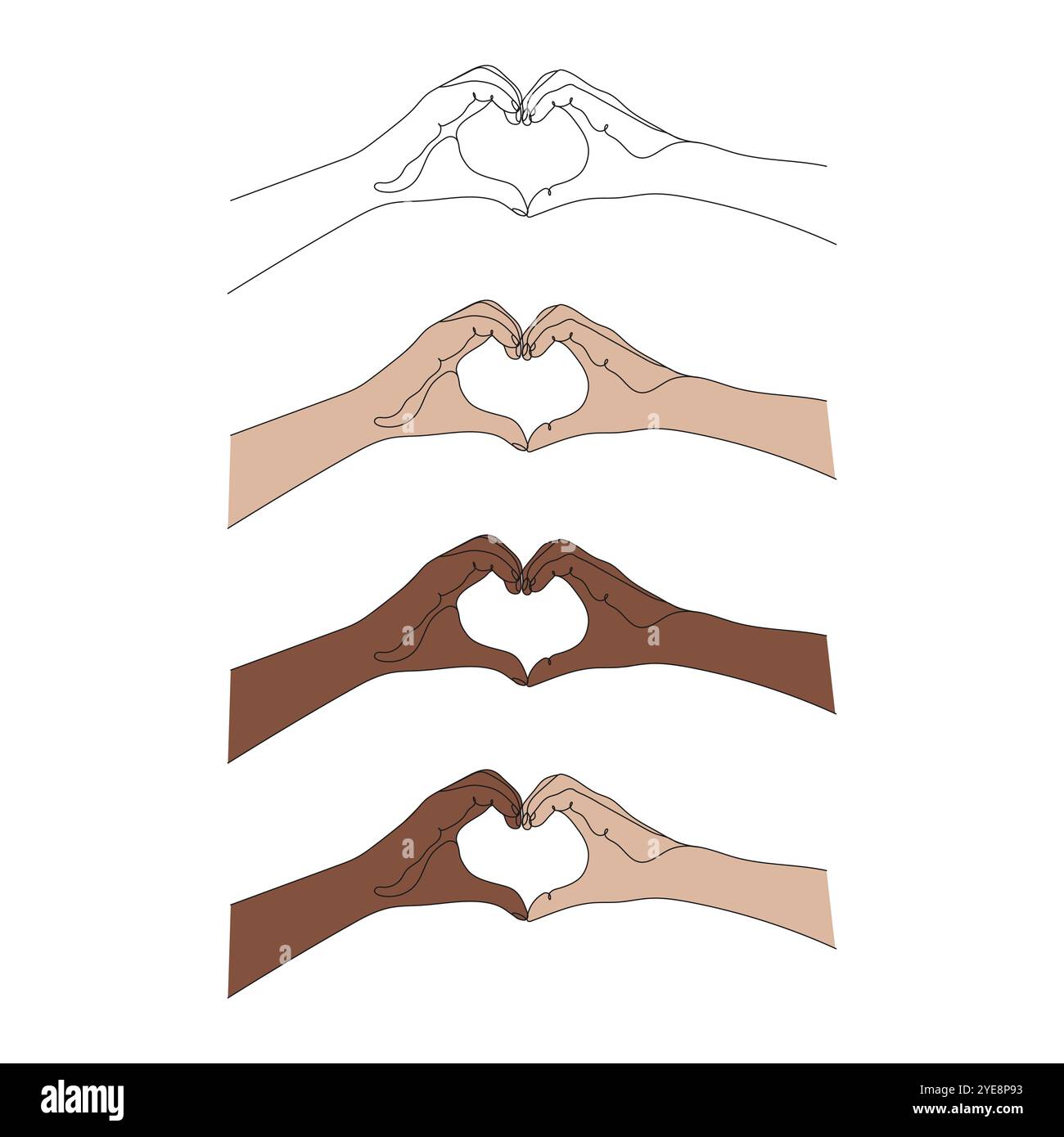 Mani che mostrano il simbolo del cuore con le dita. Arte su una linea. Posa e gesti. Illustrazione vettoriale disegnata a mano. Illustrazione Vettoriale
