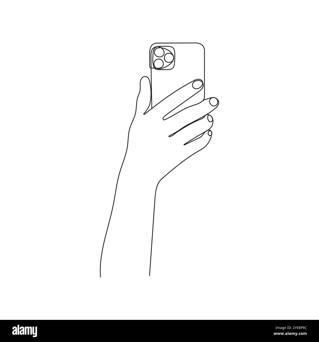 Mano che tiene lo smartphone per scattare foto. Arte su una linea. Persona che tiene il dispositivo. Illustrazione vettoriale disegnata a mano. Illustrazione Vettoriale