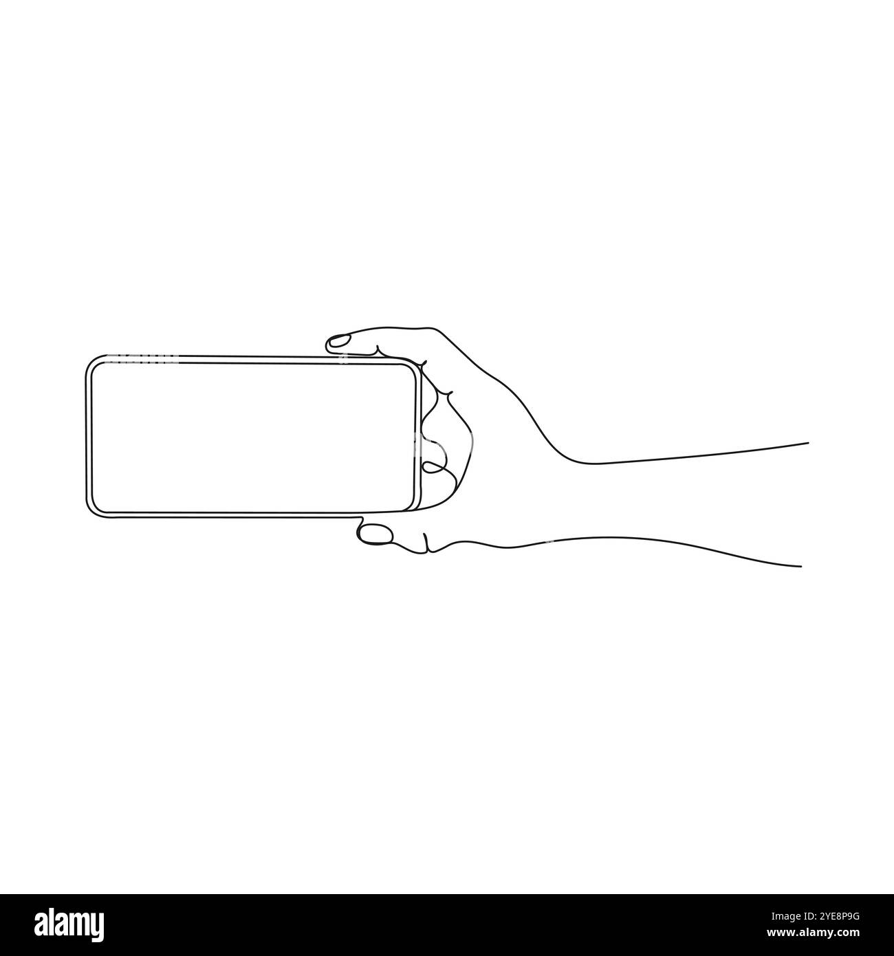 Tenere a mano il telefono cellulare per scattare una foto. Arte su una linea. Persona che tiene il dispositivo. Illustrazione vettoriale disegnata a mano. Illustrazione Vettoriale