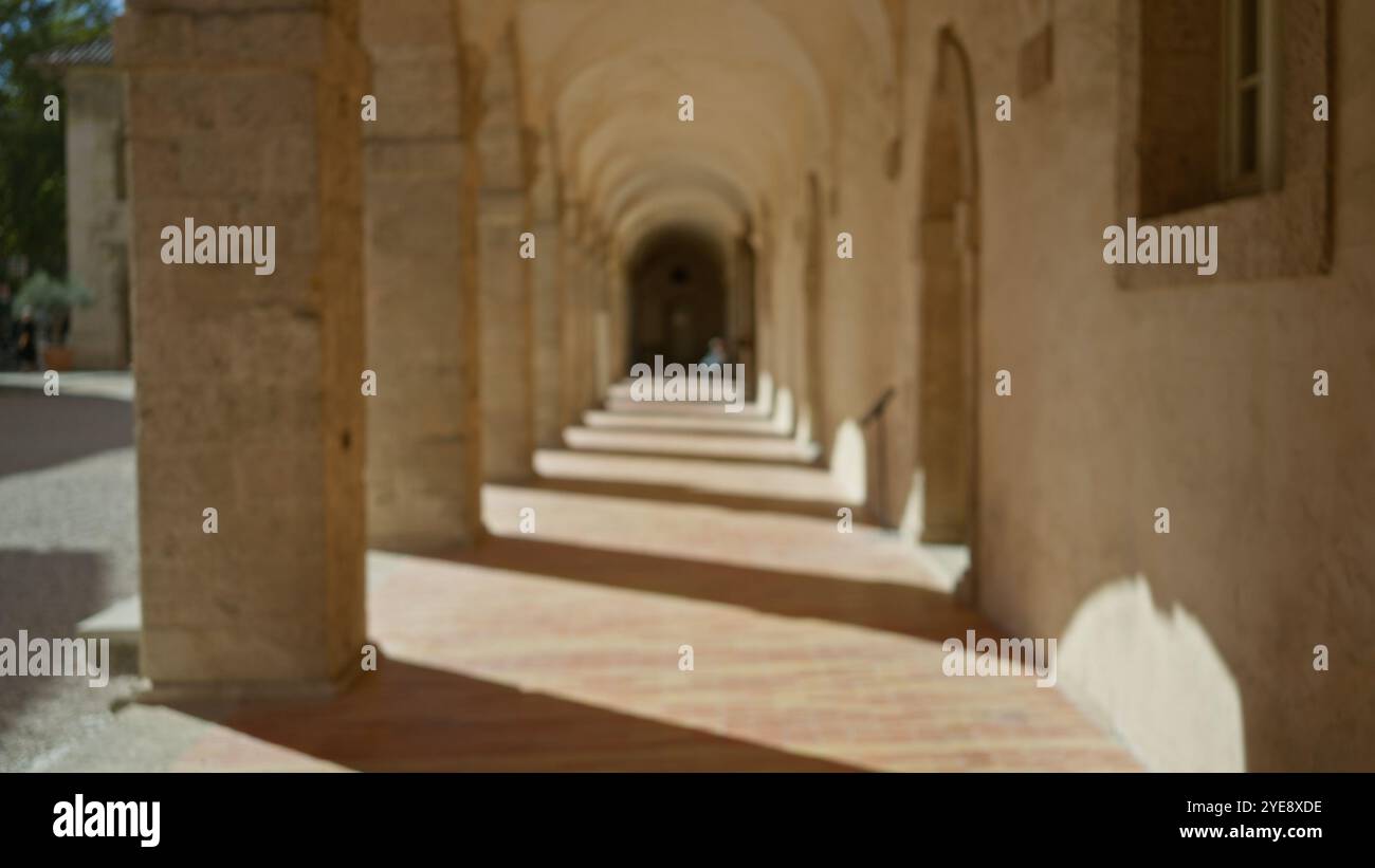 Vista sfocata di un vecchio corridoio universitario all'aperto con archi in pietra e luce solare che creano un effetto bokeh defocalizzato. Foto Stock