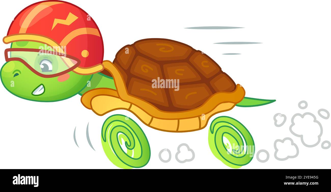 Allegra tartaruga cartoni animati gareggia con determinazione ed energia, indossando un piccolo casco e lasciando dietro di sé una nuvola di polvere. Perfetto per libri per bambini o. Illustrazione Vettoriale