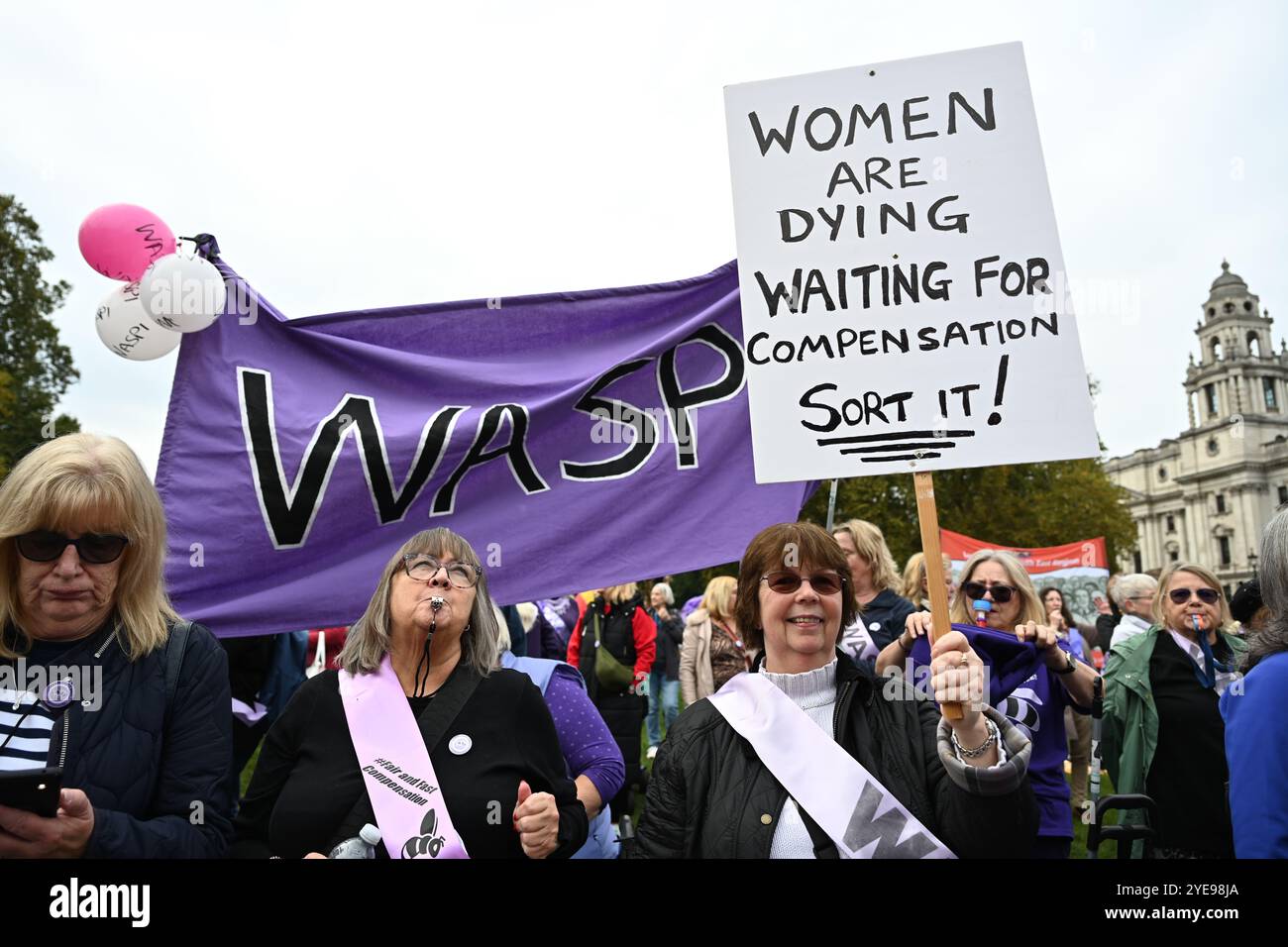 LONDRA, REGNO UNITO. 30 ottobre 2024. I manifestanti del WASPI sono incerti sul fatto che il governo ci pagherà. Le donne contro la disuguaglianza pensionistica di Stato (WASPI) hanno protestato contro il bilancio del governo britannico in piazza del Parlamento. le donne dei 50 anni stanno ancora aspettando la pensione dei 70 anni Il governo britannico non li compensa ancora. Purtroppo, molti sono morti senza ricevere le loro pensioni. (Foto di 李世惠/SEE li/Picture Capital) credito: Vedi li/Picture Capital/Alamy Live News Foto Stock