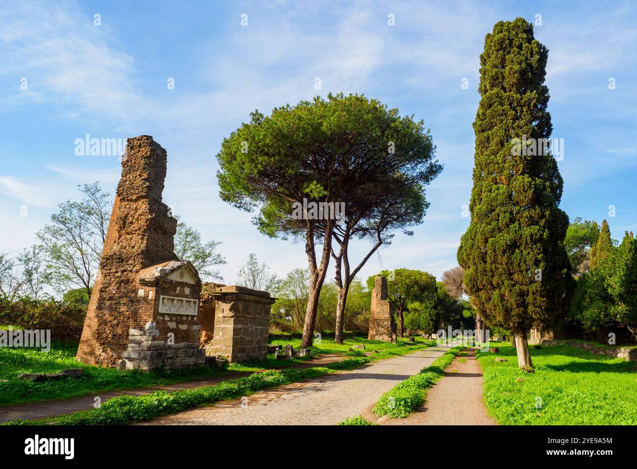 Tombe dei festoni e del frontespizio nell'antica via Appia costruita da Appia Claudio Cazio, censore romano all'inizio del IV secolo a.C. specificamente per trasportare truppe al di fuori della piccola regione della grande Roma (IV secolo a.C.). Due monumenti funerari sono vicini tra loro: Il primo, la cosiddetta tomba dei Festoni, può essere datato all'età Sullan e appartiene al tipo di altare fatto di blocchi di peperino. Il secondo è chiamato Sepolcro del frontespizio, risalente alla metà del i secolo. B.C. - Roma, Italia Foto Stock