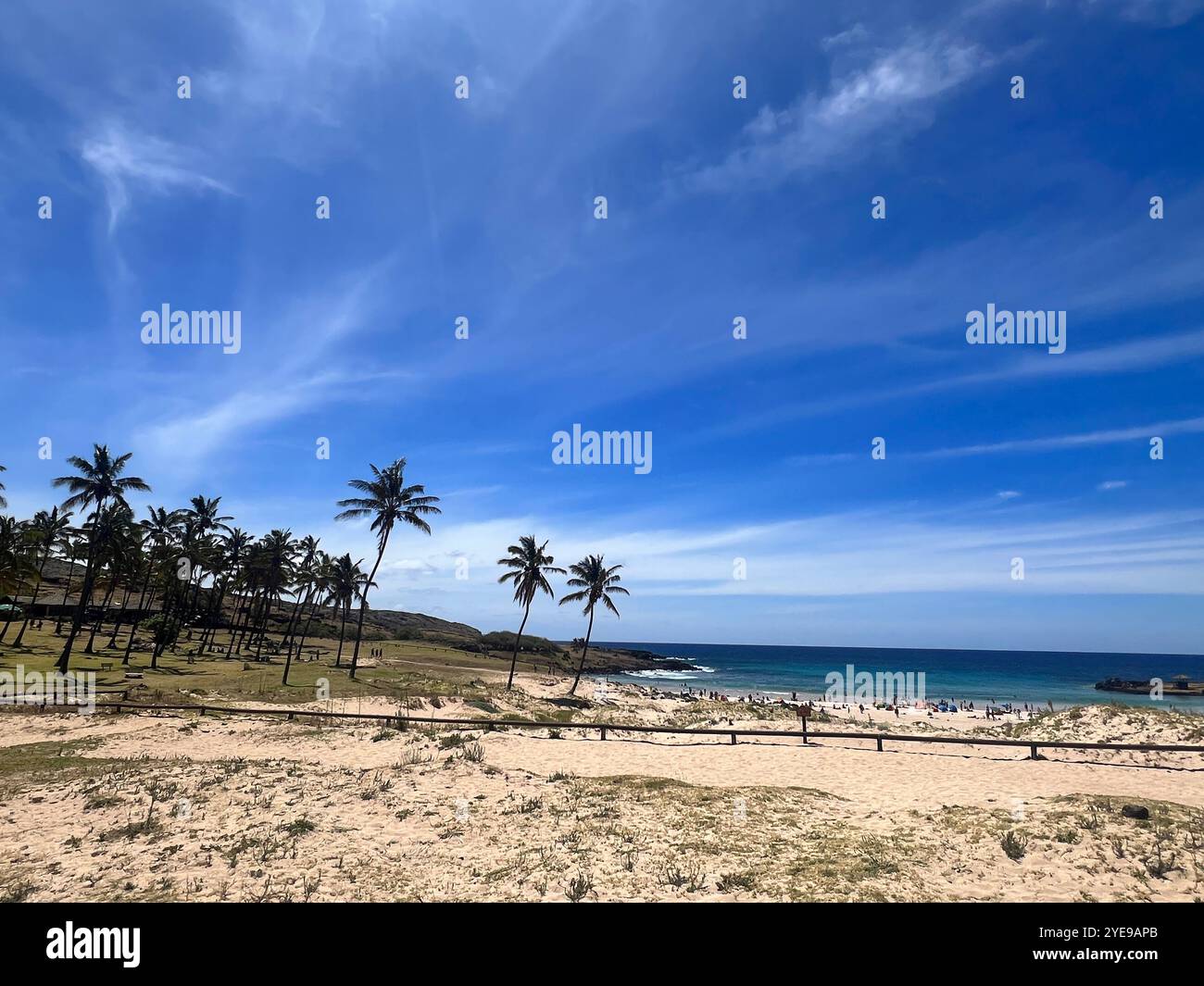 Anakena Beach sull'Isola di Pasqua, Cile, presenta sabbia bianca, acque turchesi e alte palme sotto un vasto cielo blu, offrendo una Rapa Nui tropicale Foto Stock